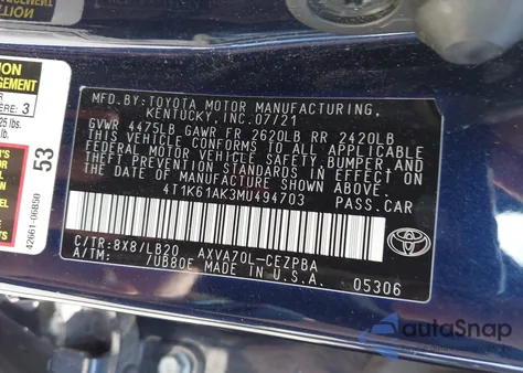 2021 Toyota Camry Xse from USA, damaged, VIN 4T1K61AK3MU494703